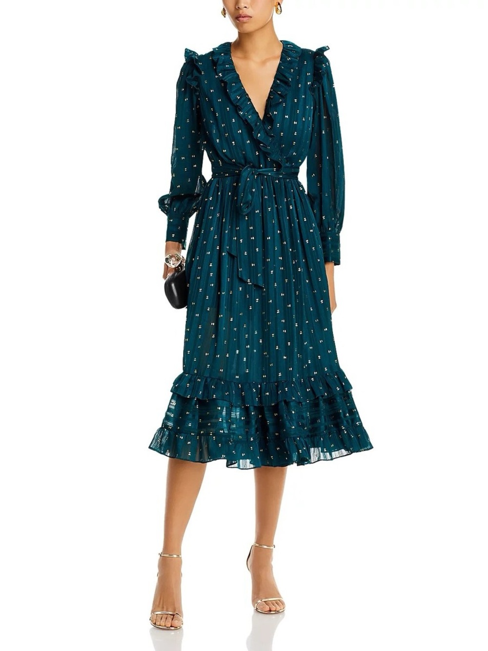 NWT 💚Aqua Ruffle Trim Clip Dot Midi Wrap Dress Green💚